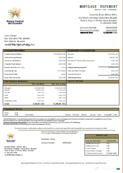 Download Ecuador Central Bank of Ecuador bank mortgage statement scr Photoshop template